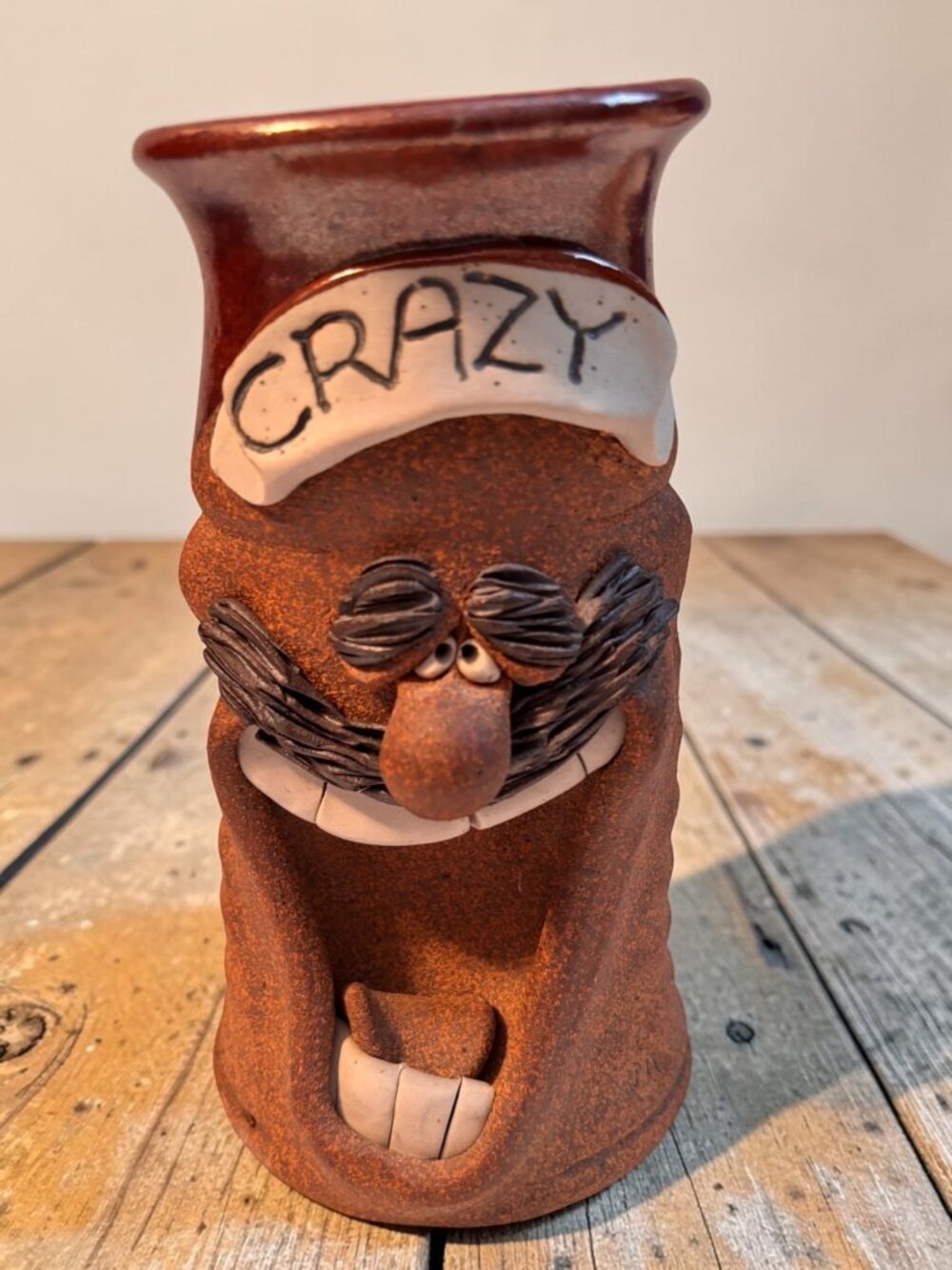 Crazy Face Ceramic Mug With Handle - Handcrafted Brown Glaze Humor Design Unique